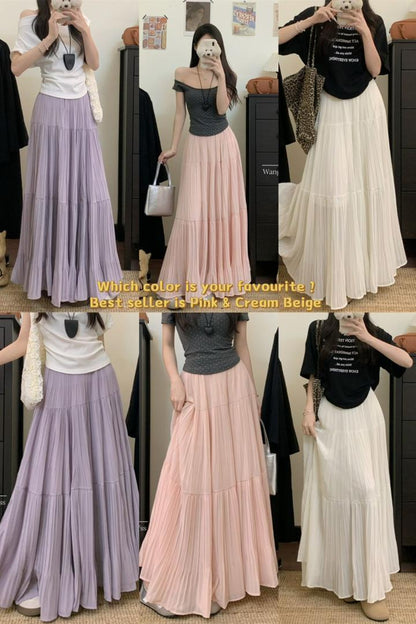 Drapey Mesh Pleated Long Skirt