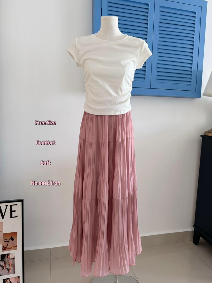 Drapey Mesh Pleated Long Skirt