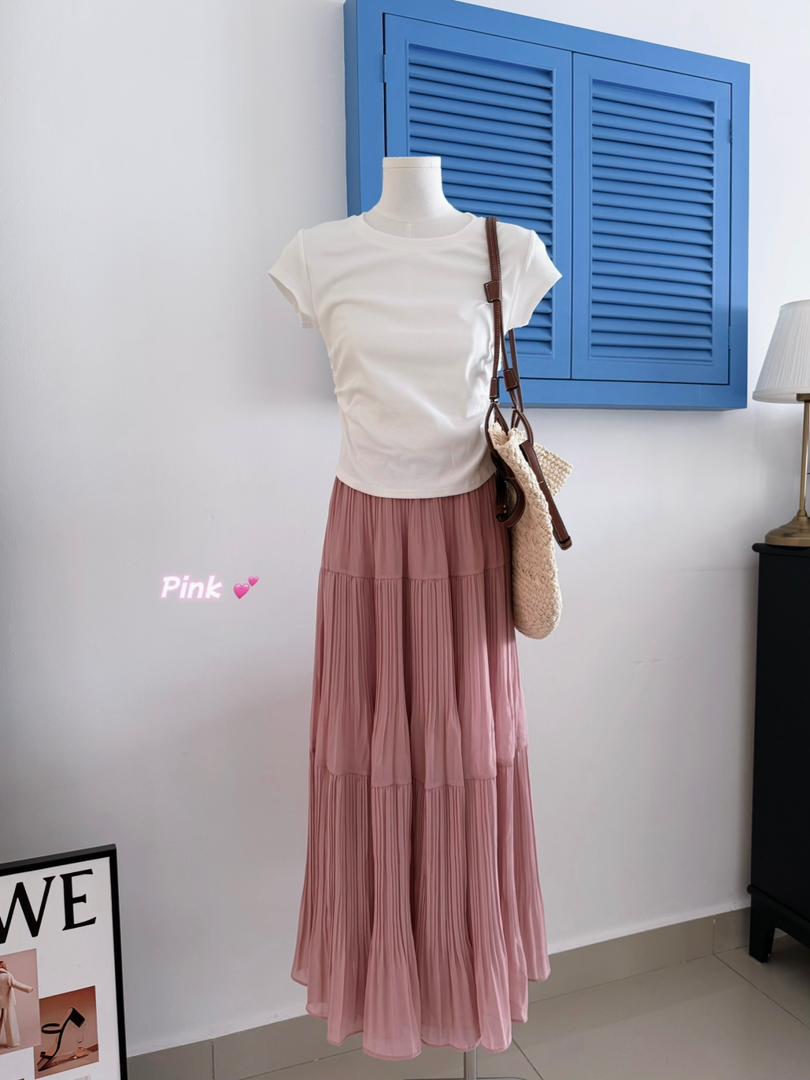 Drapey Mesh Pleated Long Skirt