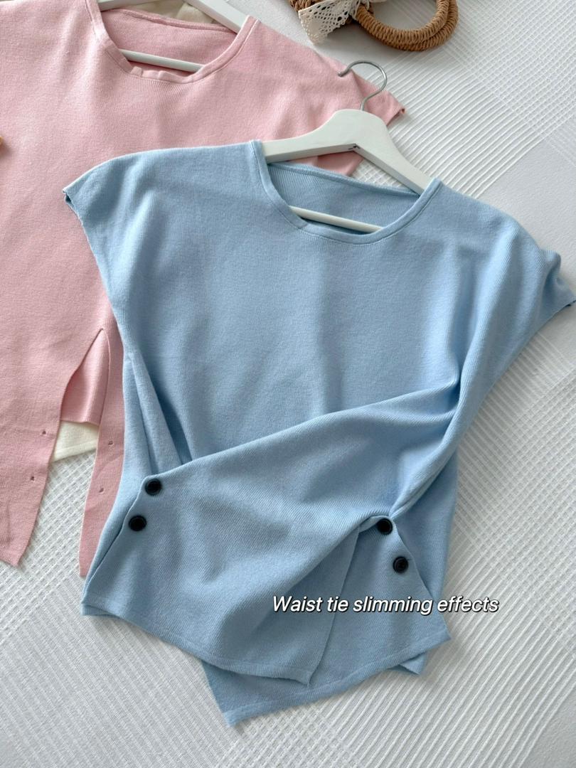 Cross Button Waist Soft Knitted Blouse