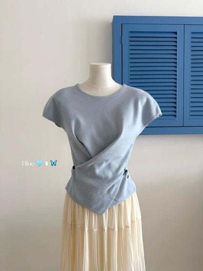 Cross Button Waist Soft Knitted Blouse