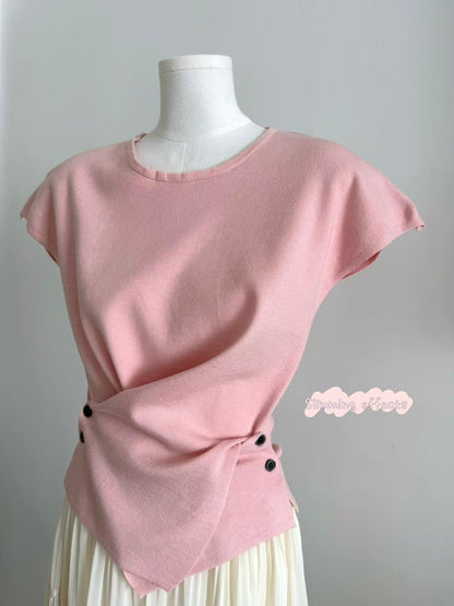 Cross Button Waist Soft Knitted Blouse