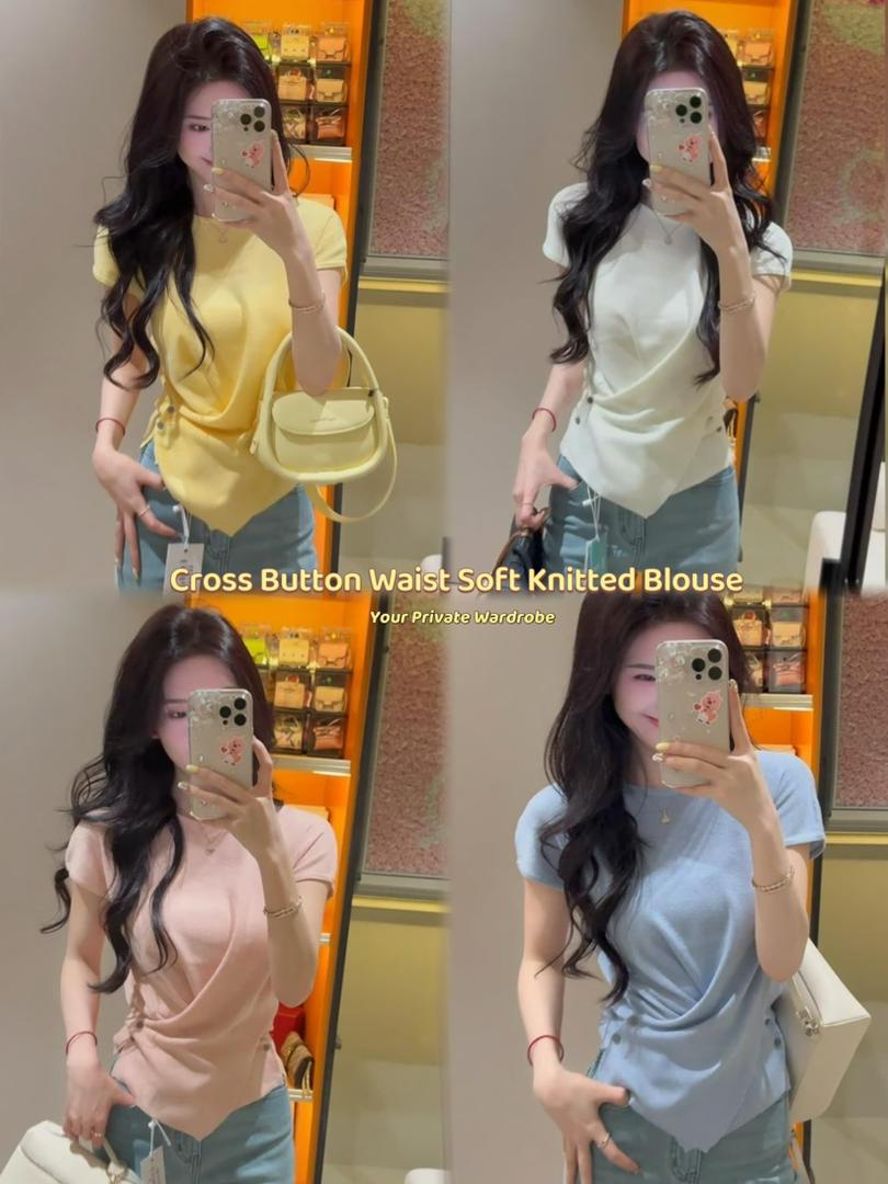 Cross Button Waist Soft Knitted Blouse