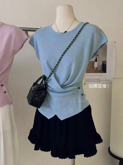 Cross Button Waist Soft Knitted Blouse