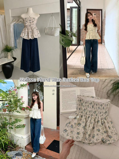 Melissa Floral Blue Ruched Bud Top
