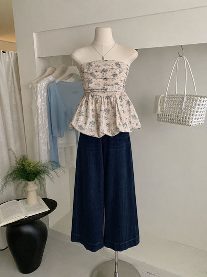 Melissa Floral Blue Ruched Bud Top