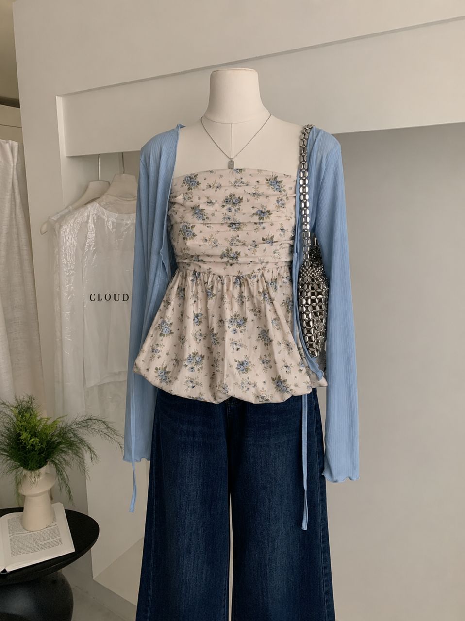 Melissa Floral Blue Ruched Bud Top