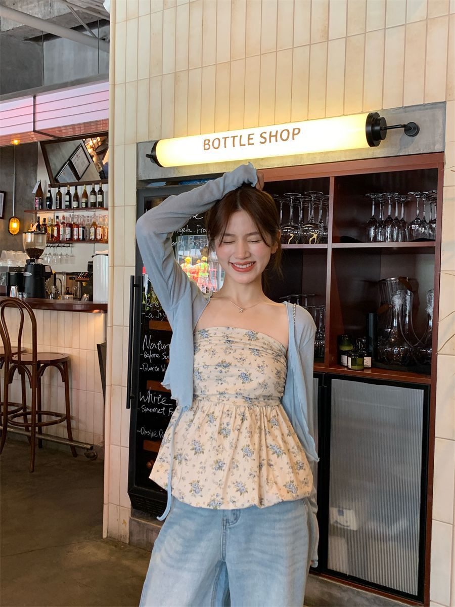 Melissa Floral Blue Ruched Bud Top