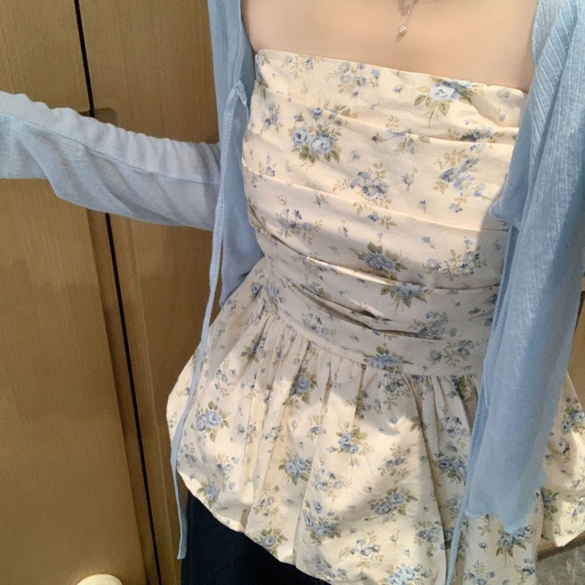 Melissa Floral Blue Ruched Bud Top