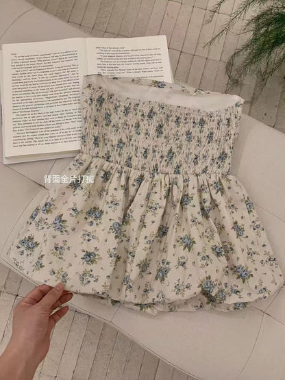 Melissa Floral Blue Ruched Bud Top