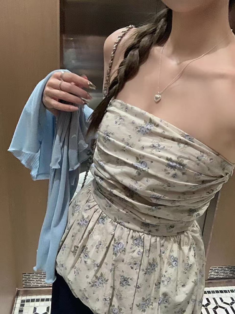 Melissa Floral Blue Ruched Bud Top
