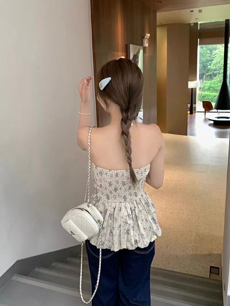 Melissa Floral Blue Ruched Bud Top