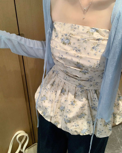 Melissa Floral Blue Ruched Bud Top
