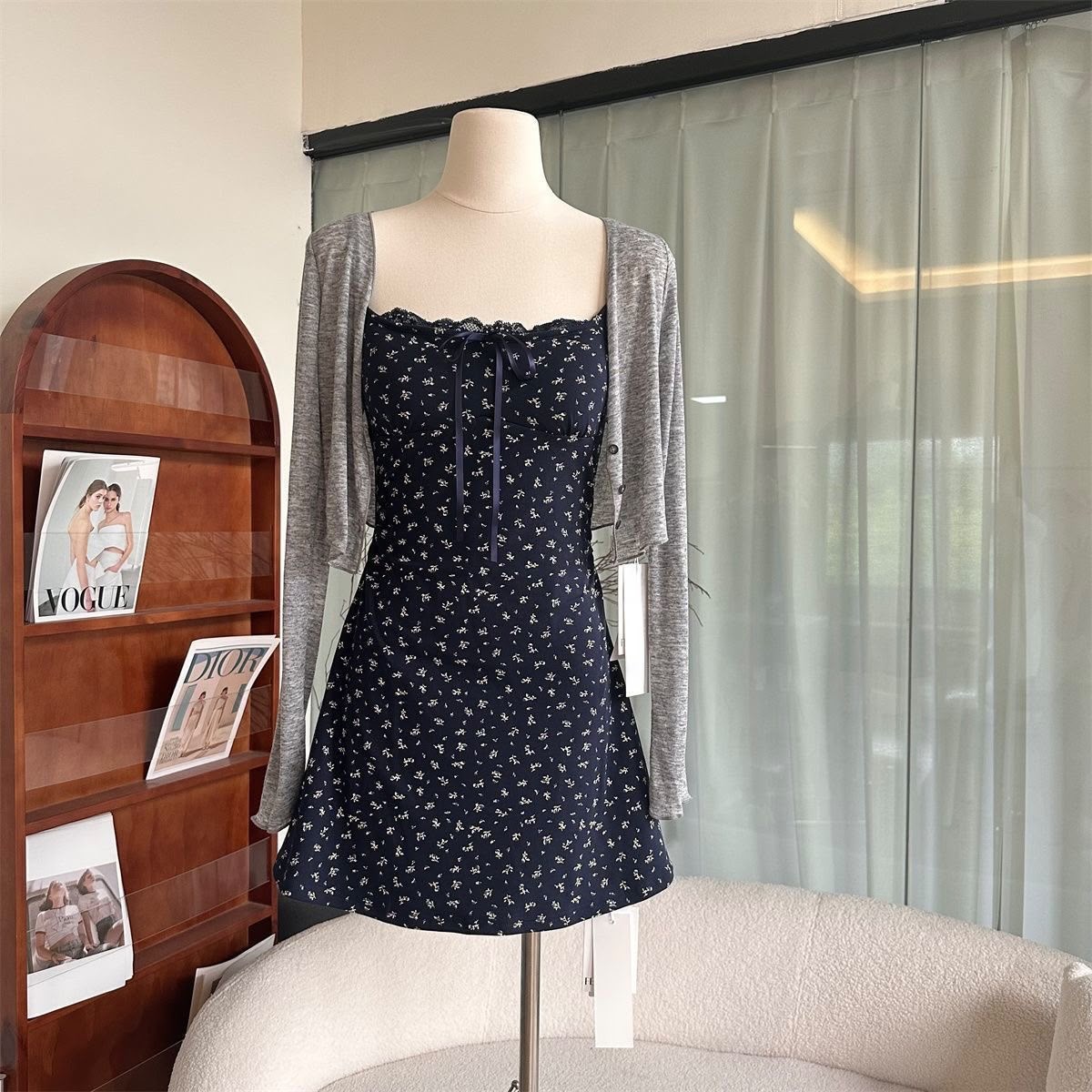 Summer French Floral Dress with Cardigan